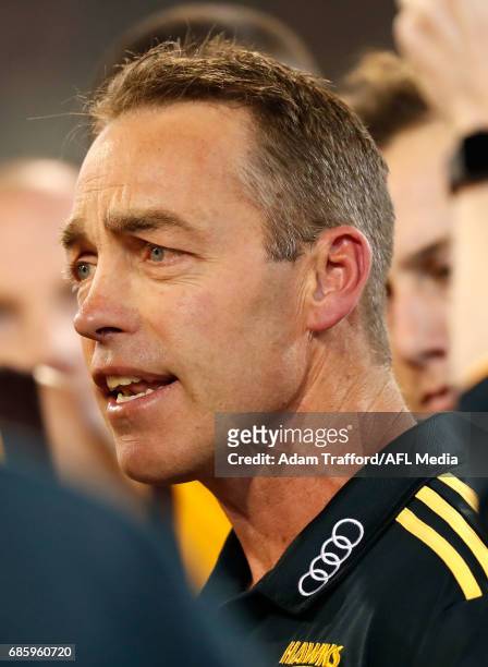 Alastair Clarkson, Senior Coach of the Hawks addresses his players during the 2017 AFL round 09 match between the Collingwood Magpies and the...