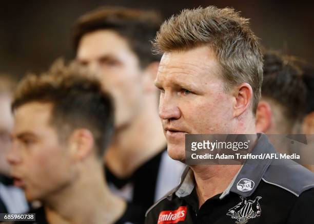 Nathan Buckley, Senior Coach of the Magpies looks on during the 2017 AFL round 09 match between the Collingwood Magpies and the Hawthorn Hawks at the...