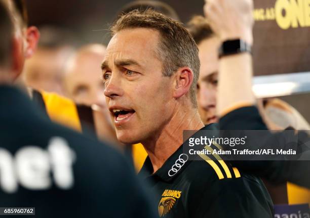 Alastair Clarkson, Senior Coach of the Hawks addresses his players during the 2017 AFL round 09 match between the Collingwood Magpies and the...