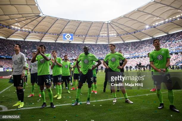 Team of Wolfsburg react after the Bundesliga match between Hamburger SV and VfL Wolfsburg at Volksparkstadion on May 20, 2017 in Hamburg, Germany.