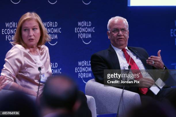 Israeli politician and former foreign minister of Israel Tzipi Livni and Palestinian politician Saeb Erekat join a session on peace during the...