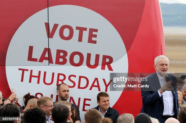 Labour Leader Jeremy Corbyn speaks to supporters during a campaign visit in West Kirby on May 20, 2017 in the Wirral in Merseyside, England. All...