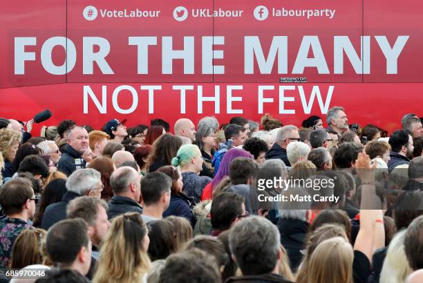 Supporters gather during a campaign visit by Labour Leader Jeremy Corbyn in West Kirby on May 20, 2017 in the Wirral in Merseyside, England. All...