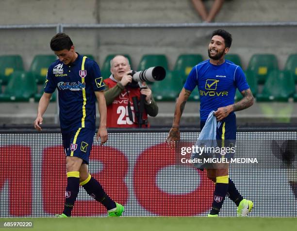 Chievo's Argentinian midfielder Lucas Nahuel Castro celebrates after scoring during the Italian Serie A football match Chievo vs AS Roma at the...