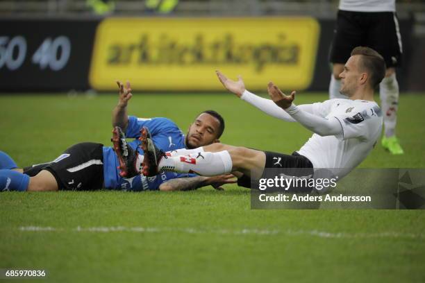 Logi Valgardsson of Orebro and Nikolai Alho of Halmstad BK entangled during the Allsvenskan match between Halmstad BK and Orebro SK at Orjans Vall on...