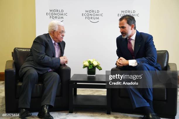 Palestinian President Mahmoud Abbas meets with Spain's King Felipe VI as they attend World Economic Forum regional meeting in Amman, Jordan on May...