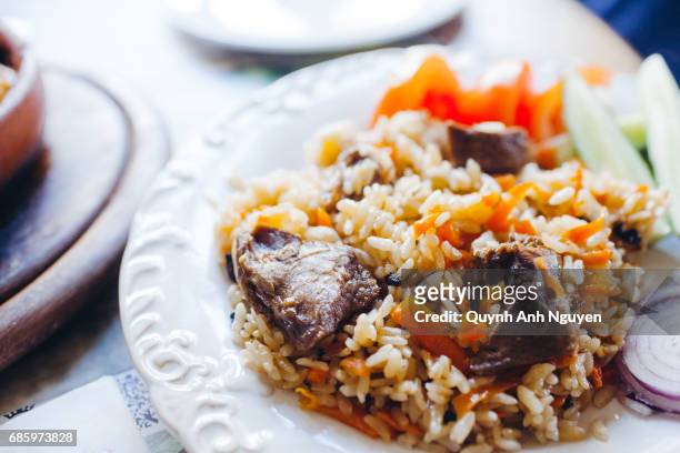 plove or pilaf (pilau) with lamb meat - turkey middle east stock pictures, royalty-free photos & images