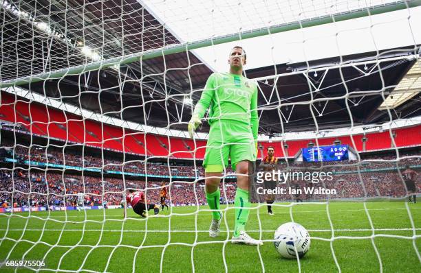 Goalkeeper Colin Doyle of Bradford City looks dejected as Steve Morison of Millwall scores their first goal during the Sky Bet League One Playoff...
