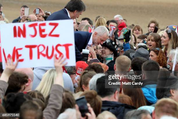 Labour Leader Jeremy Corbyn greets supporters during a campaign visit in West Kirby on May 20, 2017 in the Wirral in Merseyside, England. All...