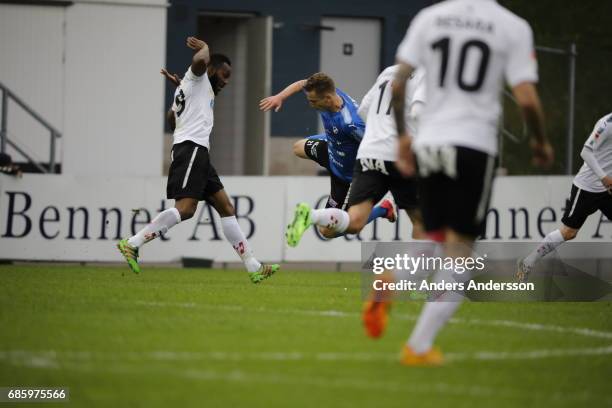 Michael Omoh of Orebro SK receives a yellow card for a tackle to Andreas Bengtsson of Halmstad BKduring the Allsvenskan match between Halmstad BK and...