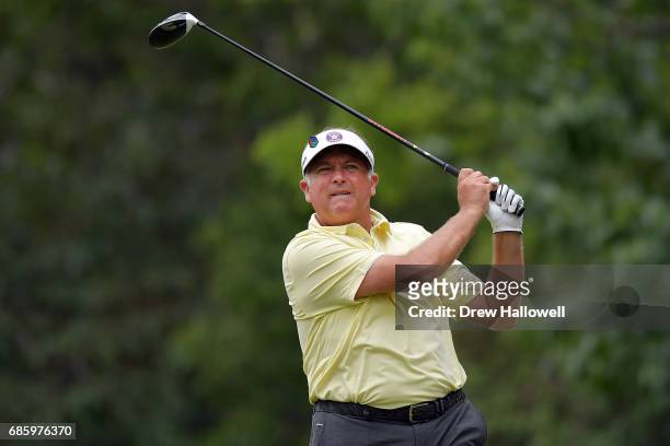 Ken Duke plays his shot from the 15th tee during Round Three of the AT&T Byron Nelson at the TPC Four Seasons Resort Las Colinas on May 20, 2017 in...