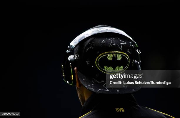 The cap of Pierre-Emerick Aubameyang of Dortmund depicting Batman is seen prior to the Bundesliga match between Borussia Dortmund and Werder Bremen...