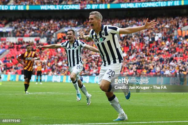 Steve Morison of Millwall celebrates as he he scores their first goal during the Sky Bet League One Playoff Final between Bradford City and Millwall...
