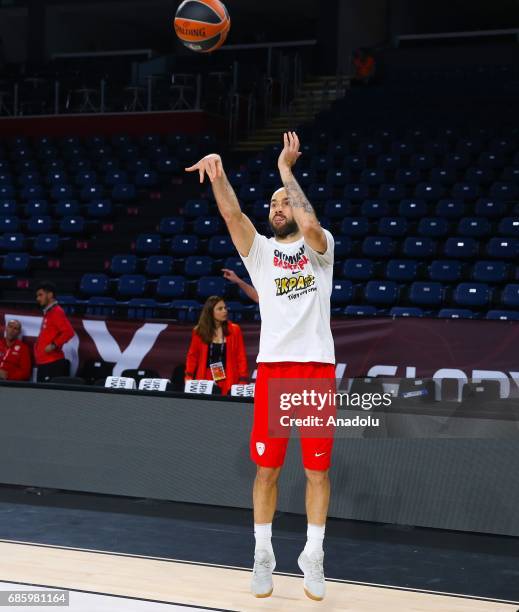 Players of Olympiacos attend a training session ahead of the Turkish Airlines Euroleague Final Four final match between Fenerbahce and Olympiacos at...