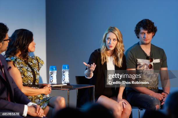Actors Andrea Navedo, Yael Grobglas, and Brett Dier speak onstage during the Jane The Virgin panel discussion at the 2017 Vulture Festival at Milk...