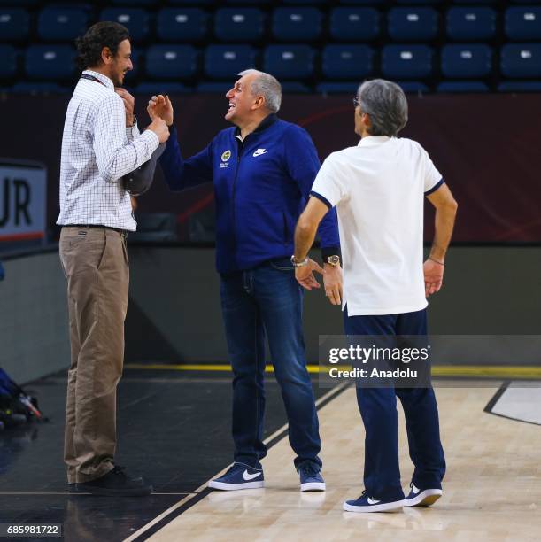 Head Coach of Fenerbahce Zeljko Obradovic attends a training session ahead of the Turkish Airlines Euroleague Final Four final match between...