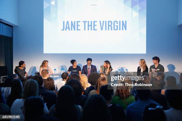 Jennie Snyder Urman, Gina Rodriguez, Jamie Camil, Andrea Navedo, Yael Grobglas, and Brett Dier speak onstage during the Jane The Virgin panel...