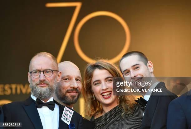 Act Up co-founder Didier Lestrade, French actor Jean-Francois Auguste, French actress Adele Haenel and French actor Ariel Borenstein pose as they...