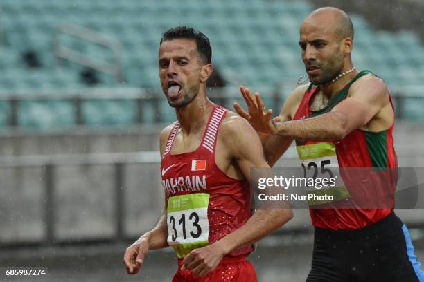 Sadik Mikhou of Bahrain wins Men's 1500m final ahead of Fouad Elkaam of Morocco, during day five of Athletics at Baku 2017 - 4th Islamic Solidarity...