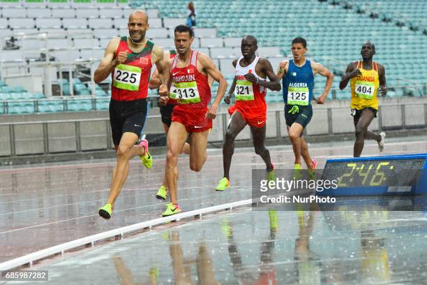 Fouad Elkaam of Morocco leads in Men's 1500m final ahead of Sadik Mikhou of Bahrain, during day five of Athletics at Baku 2017 - 4th Islamic...