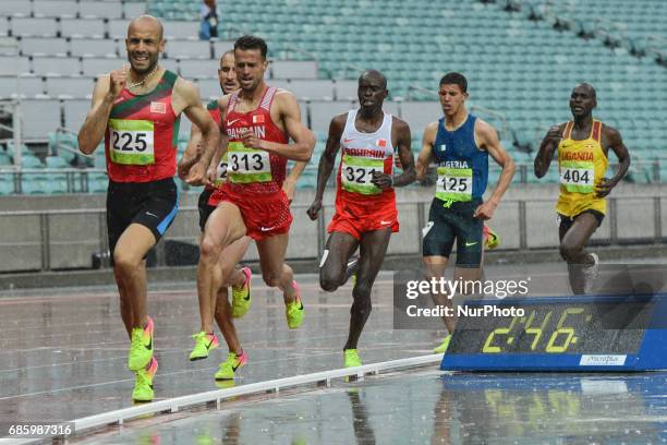 Fouad Elkaam of Morocco leads in Men's 1500m final ahead of Sadik Mikhou of Bahrain, during day five of Athletics at Baku 2017 - 4th Islamic...