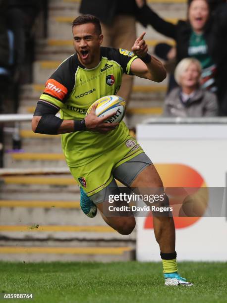 Peter Betham of Leicester celebrates after scoring their first try during the Aviva Premiership semi final match between Wasps and Leicester Tigers...