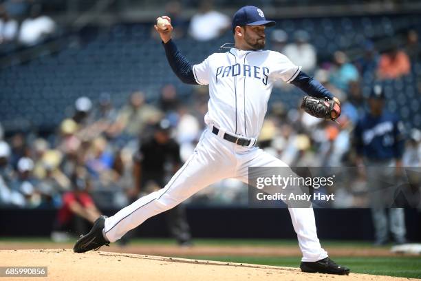 Jarred Cosart of the San Diego Padres pitches during the game against the Milwaukee Brewers at Petco Park on May 18, 2017 in San Diego, California.