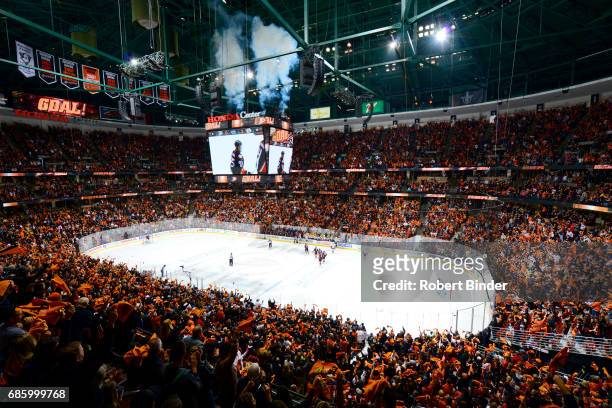 Anaheim Ducks fans cheer following a goal against the Nashville Predators in Game Two of the Western Conference Final during the 2017 NHL Stanley Cup...