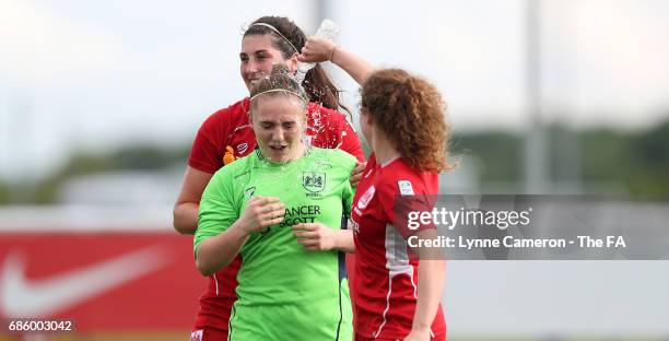 Aimee Palmer celebrates with Bethan Jewitt of Bristol City Women after winning the FA WSL Development League Final between Arsenal Ladies and Bristol...