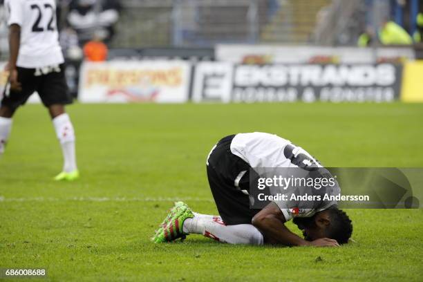 Michael Omoh of Orebro SK hurts after a tackle during the Allsvenskan match between Halmstad BK and Orebro SK at Orjans Vall on May 20, 2017 in...