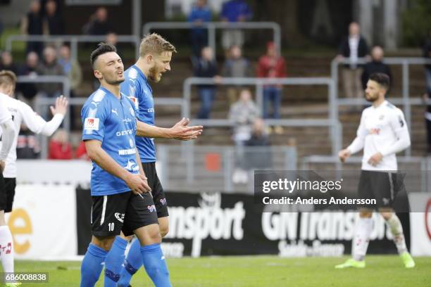 Sead Haksabanovic and Alexander Ruud Tveter of Halmstad BK shows disappointment after a missed shot during the Allsvenskan match between Halmstad BK...