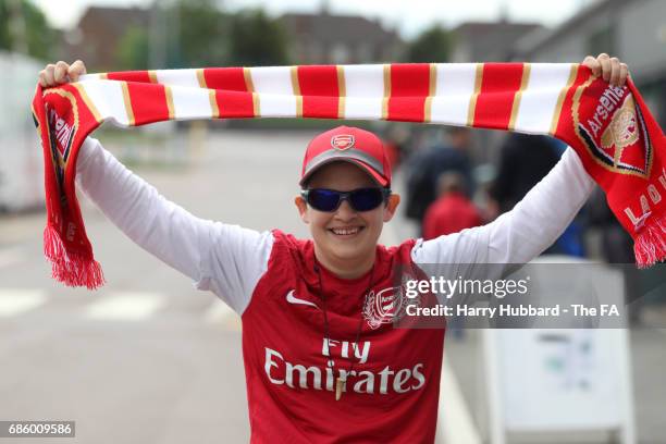 An Arsenal fan before the WSL 1 match between Arsenal Ladies and Birmingham City Ladies at The Hive on May 20, 2017 in Barnet, England.