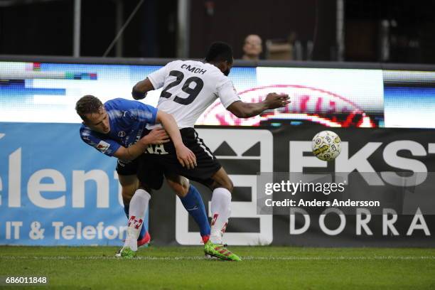 Andreas Bengtsson of Halmstad BK and Michael Omohof Orebro SK competes for the ball during the Allsvenskan match between Halmstad BK and Orebro SK at...