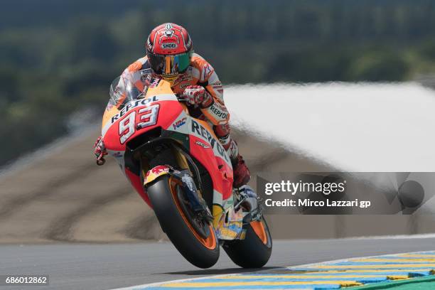 Marc Marquez of Spain and Repsol Honda Team heads down a straight during the MotoGp of France - Qualifying on May 20, 2017 in Le Mans, France.