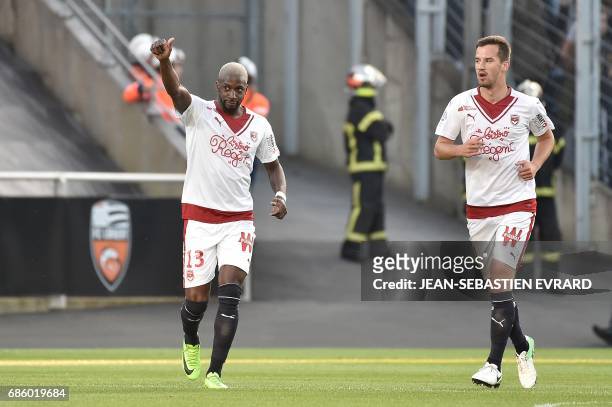 Bordeaux's French midfielder Younousse Sankhare celebrates after scoring a goal during the French L1 football match between Lorient and Bordeaux on...