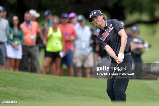 Will Wilcox hits a shot on the 11th hole during Round Three of the AT&T Byron Nelson at the TPC Four Seasons Resort Las Colinas on May 20, 2017 in...