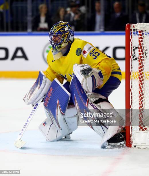 Henrik Lundqvist, goaltender of Sweden tends net against Finland during the 2017 IIHF Ice Hockey World Championship semi final game between Sweden...