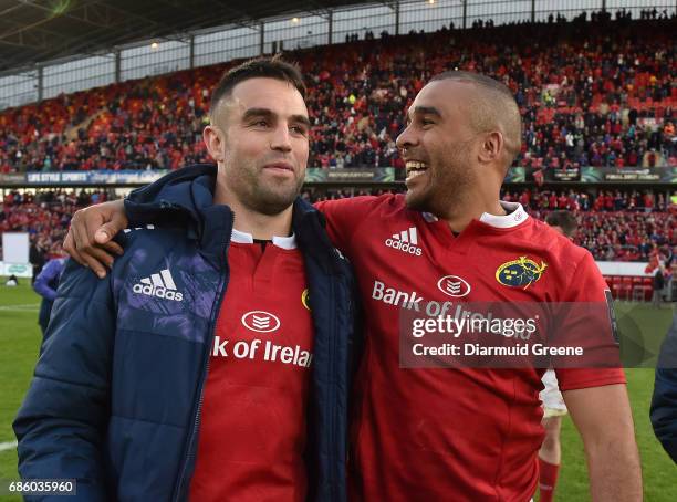 Limerick , Ireland - 20 May 2017; Conor Murray, left, and Simon Zebo of Munster celebrate after the Guinness PRO12 semi-final between Munster and...