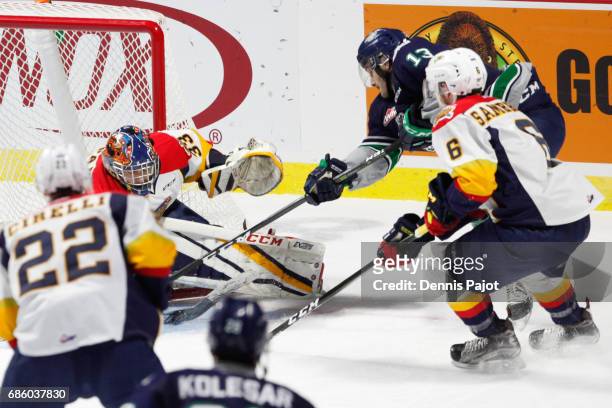 Goaltender Troy Timpano of the Erie Otters makes a save against forward Mathew Barzal of the Seattle Thunderbirds on May 20, 2017 during Game 2 of...