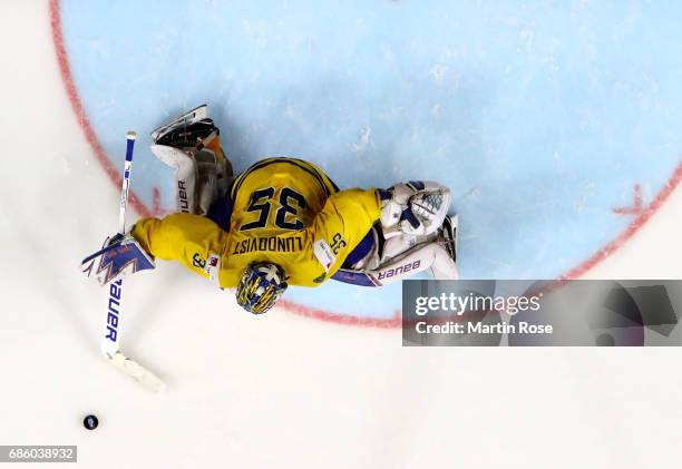 Henrik Lundqvist, goaltender of Sweden tends net against Finland during the 2017 IIHF Ice Hockey World Championship semi final game between Sweden...