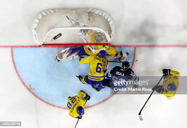 Henrik Lundqvist, goaltender of Sweden tends net against Finland during the 2017 IIHF Ice Hockey World Championship semi final game between Sweden...