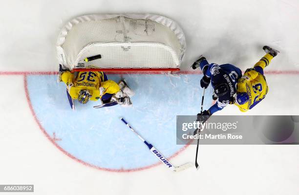 Henrik Lundqvist, goaltender of Sweden tends net against Finland during the 2017 IIHF Ice Hockey World Championship semi final game between Sweden...