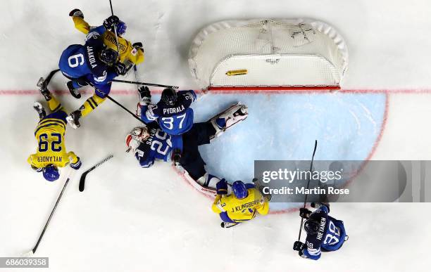 Harri Sateri, goaltender of Finland tends net against Sweden during the 2017 IIHF Ice Hockey World Championship semi final game between Sweden and...