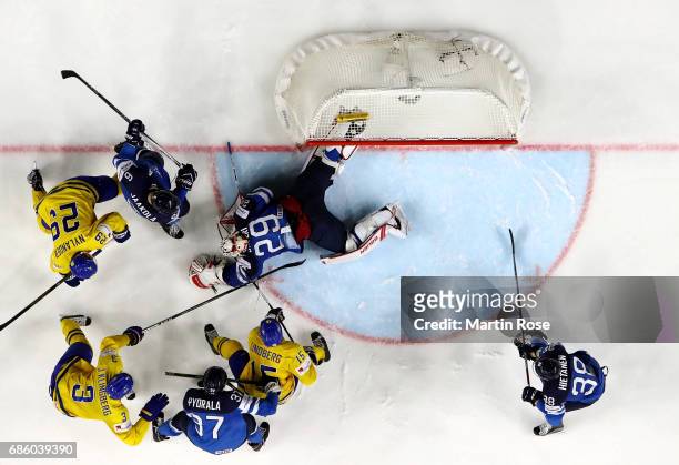 Harri Sateri, goaltender of Finland tends net against Sweden during the 2017 IIHF Ice Hockey World Championship semi final game between Sweden and...