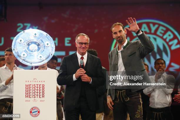 Karl-Heinz Rummenigge and goalkeeper Tom Starke attend the FC Bayern Muenchen Championship party following the Bundesliga match between Bayern...