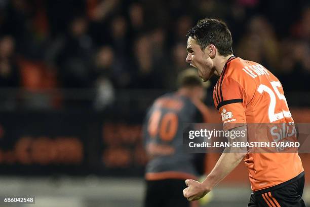Lorient's French defender Vincent Le Goff celebrates after scoring a goal during the French L1 football match between Lorient and Bordeaux on May 20,...