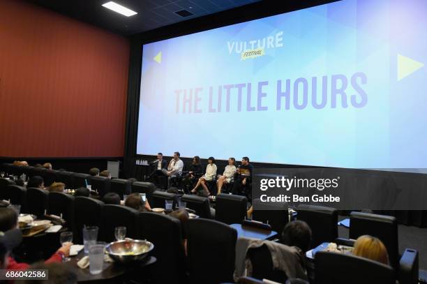 Kevin Lincoln, Jeff Baena, Aubrey Plaza, Kate Micucci, Molly Shannon and Adam Pally speak at the "The Little Hours" Screening at the Alamo Drafthouse...