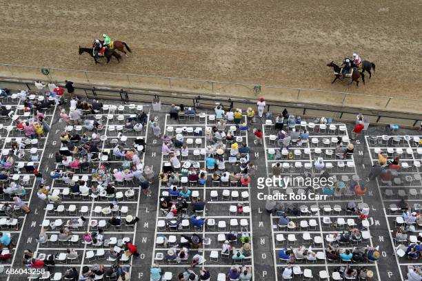 Horses walk to the gate prior to the 10th race before the 142nd running of the Preakness Stakes at Pimlico Race Course on May 20, 2017 in Baltimore,...