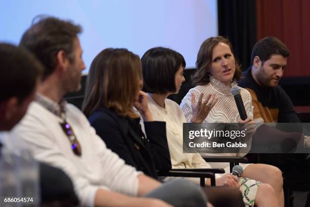 Kevin Lincoln, Jeff Baena, Aubrey Plaza, Kate Micucci, Molly Shannon and Adam Pally speak at the "The Little Hours" Screening at the Alamo Drafthouse...