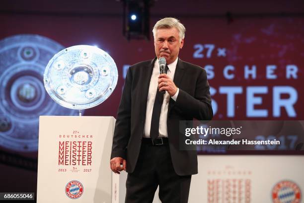 Head coach Carlo Ancelotti reacts during the FC Bayern Muenchen Championship party following the Bundesliga match between Bayern Muenchen and SC...